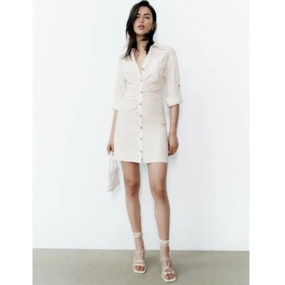 Zara Linen Blend Button Down Shirt Dresss in off white size medium - Picture 1 of 14